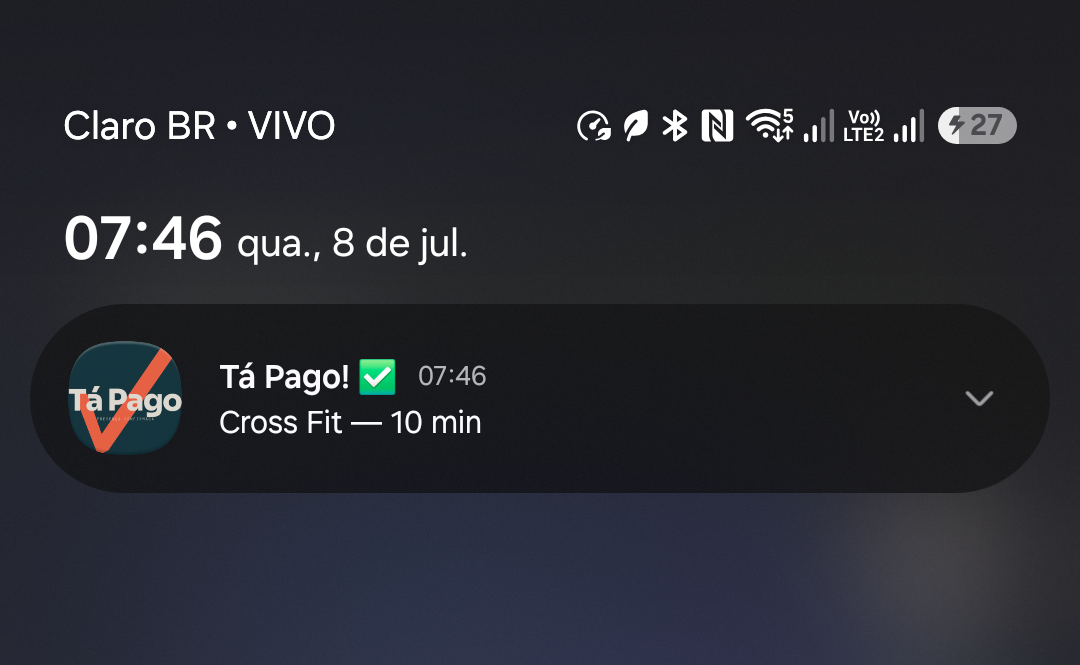 Notificação do Tá Pago na tela de bloqueio: Cross Fit — 10 min