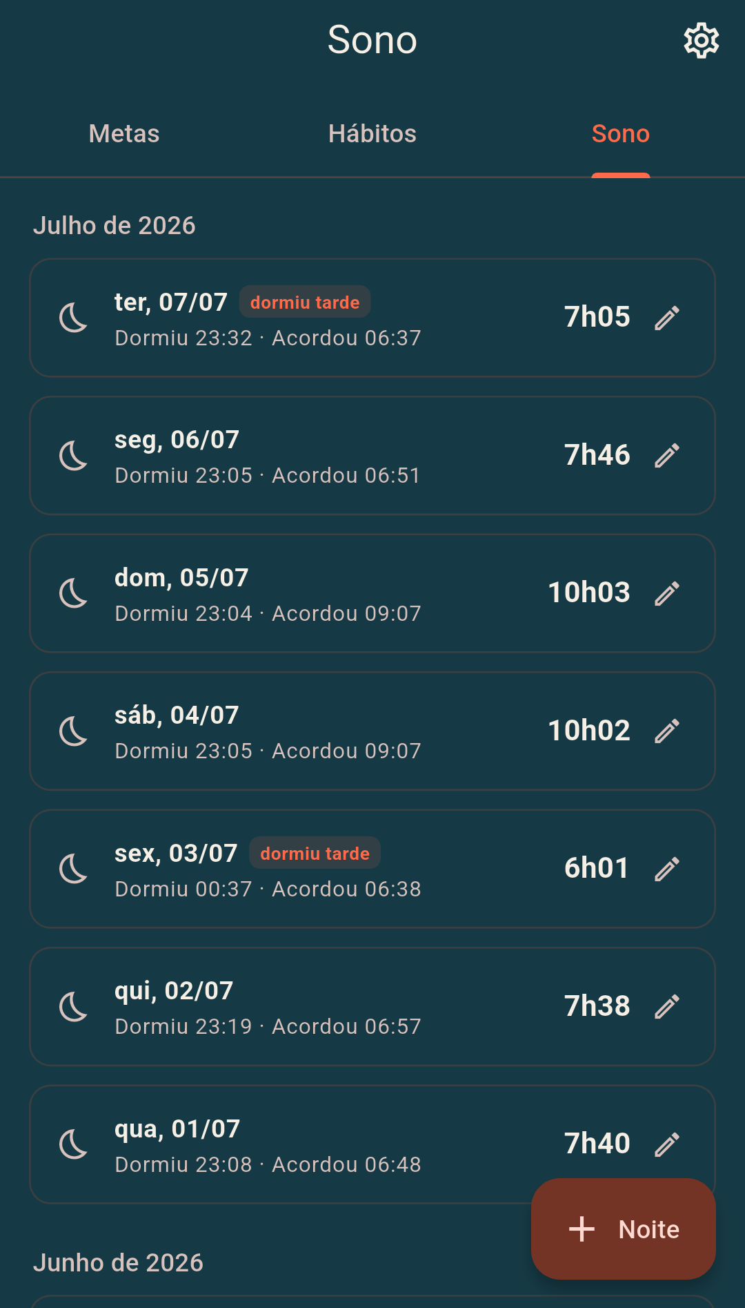Tela de sono do app com a lista de noites detectadas automaticamente: data, hora que dormiu e acordou e a duração de cada noite